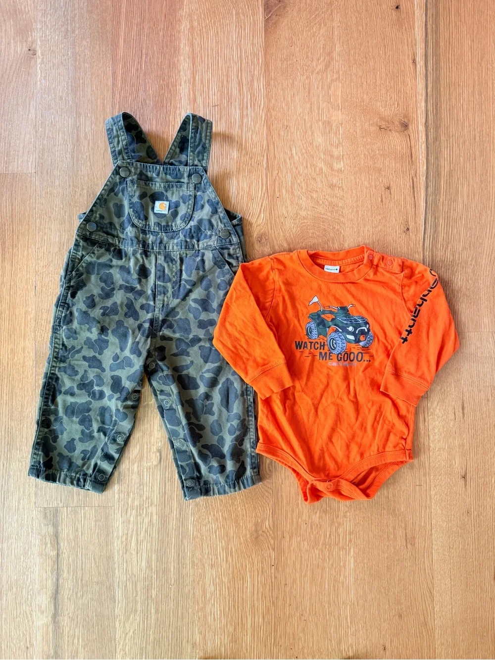 CARHARTT | Infant Boys 2-Piece Orange Long-Sleeve Onesie and Camo Overalls Set